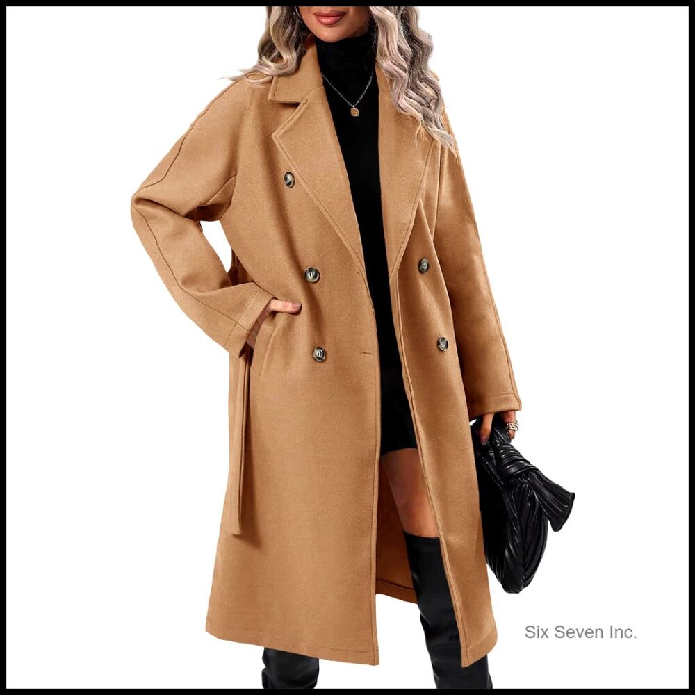 Women's Wool Pea Coat Double Breasted Belted Pockets Winter Overcoat